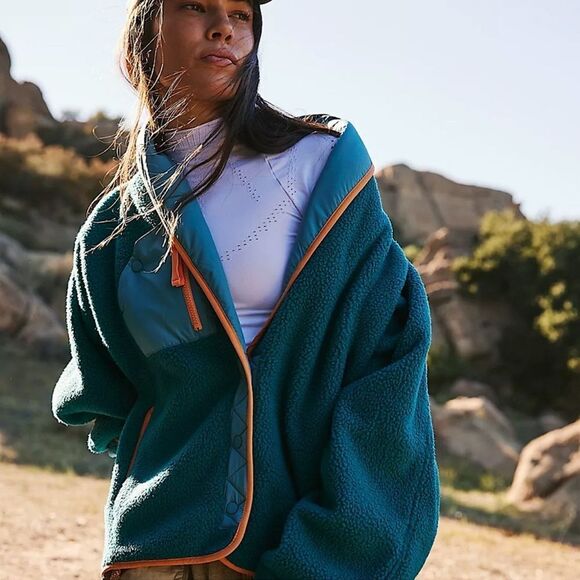 NWOT FP Movement Teal Fleece Jacket with Orange Trim - Picture 1 of 5